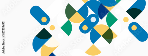 Abstract geometric shapes overlap, creating vibrant composition. Blue, green, yellow tones dominate design. Minimalist style.