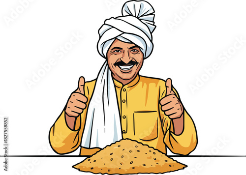 Indian farmer happy face with grains vector illustration