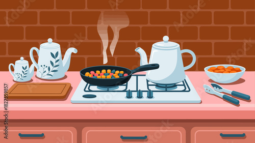 A charming kitchen scene featuring a skillet with freshly sautéed vegetables, showcasing culinary art amidst cozy kitchenware and a warm atmosphere.