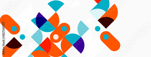 Abstract geometric shapes overlap, creating vibrant composition. Orange, teal, purple dominate neutral background. Modern design elements present.