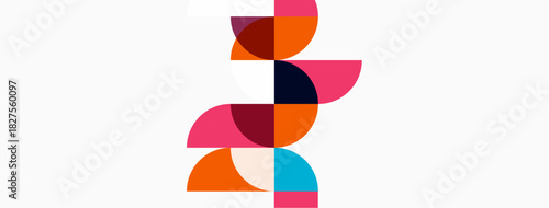 Abstract geometric shapes stacked vertically. Colors include orange, pink, blue, maroon, teal. Minimalist design on white background.