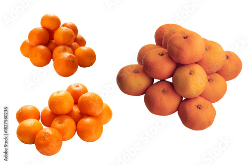 Chinese New Year fruit set. Fresh citrus mandarin oranges, peeled segments, and fruit pile isolated for healthy food design.