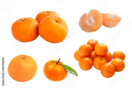 Chinese New Year fruit set. Fresh citrus mandarin oranges, peeled segments, and fruit pile isolated for healthy food design.