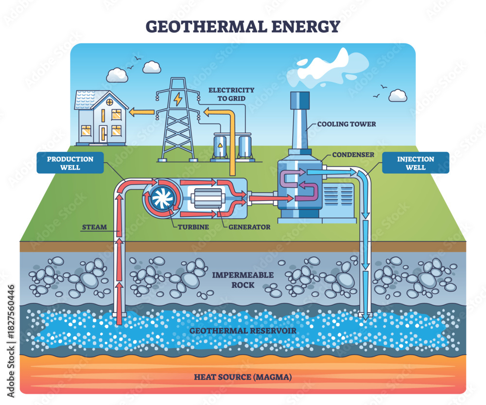 Obraz premium Geothermal energy brief schematic, heat from reservoir drives turbine and generator via production well, returns through injection well, electricity sent to grid. Outline diagram