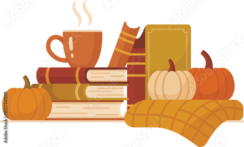 Cozy reading corner with stack of books coffee cup pumpkins and plaid blanket pixel art vector illustration for education design