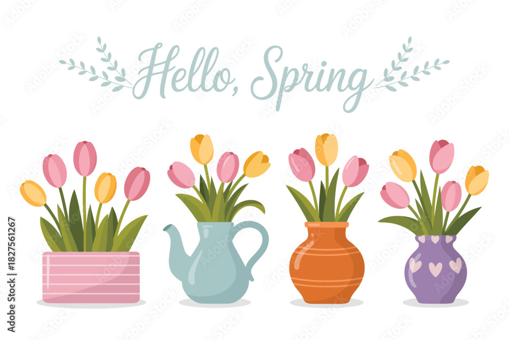 Obraz premium This cheerful illustration features beautiful tulips in vibrant colors arranged in different decorative pots, symbolizing the arrival of spring and blossoming new beginnings.