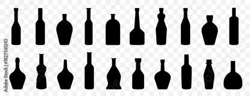 Bottle silhouettes in different shapes. Alcohol and drink packaging forms for bar and store graphics. Clean black icons for product branding