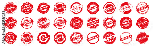 Grunge approval stamps in red color. Round shapes with certified and official messages. Ideal for documents and labeling