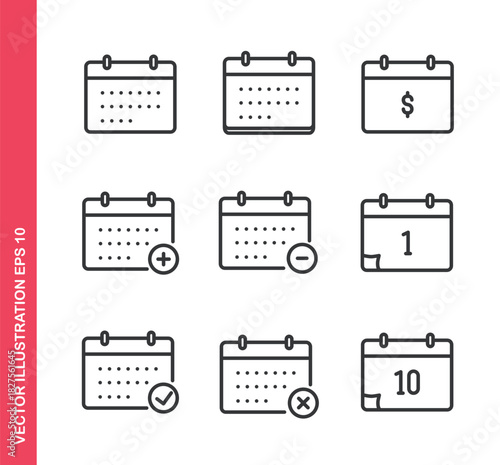 Set of line icons related to calendar. Outline icons collection. Editable stroke. Vector illustration