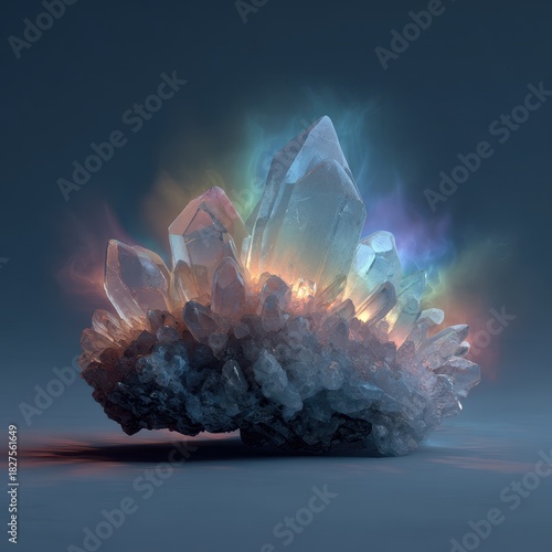 Illuminated Quartz Crystal Cluster with Rainbow Aura, Mystical Gemstone, Dark Background.