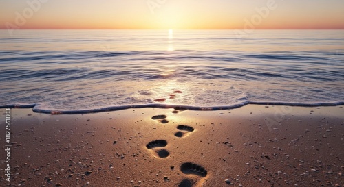 Footprints lead into tranquil ocean water under soft sunrise colors