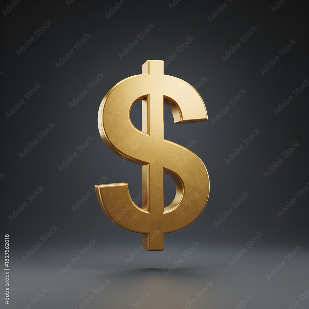 Fototapeta premium Ikon simbol dolar emas 3D dengan pencahayaan premium di atas background gelap elegan. Cocok untuk desain bisnis, finansial, investasi, fintech, ekonomi, dan proyek branding yang membutuhkan nuansa mew