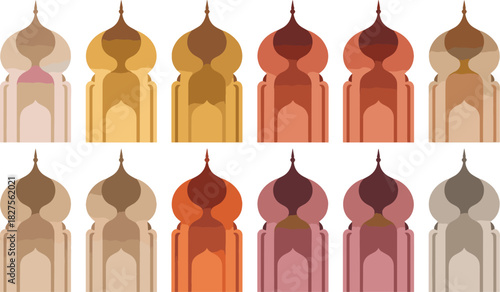 Collection of ten mosque arch silhouettes in various earth tone colors