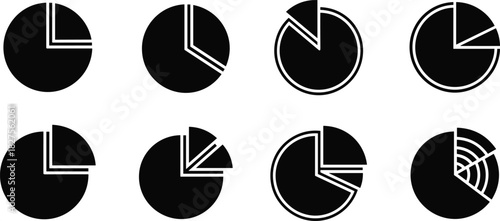 Black and white pie chart icons representing data visualization and statistics Vector