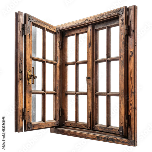 An antique, rustic wooden window with two open casements against a solid black background.
