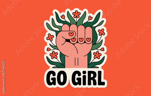 This vibrant illustration features a raised fist surrounded by flowers, representing empowerment, femininity, solidarity, and the strength of women in society and social movements.