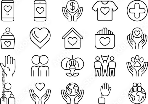 Vector Charity and Donation Icon Set on Transparent Background Line Art