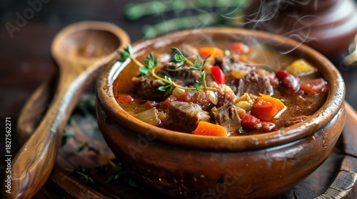 National Pepper Pot Day: Traditional Caribbean pepper pot soup in rustic clay bowl, steaming hot stew with visible chunks of beef and cassareep, garnished with fresh thyme sprigs