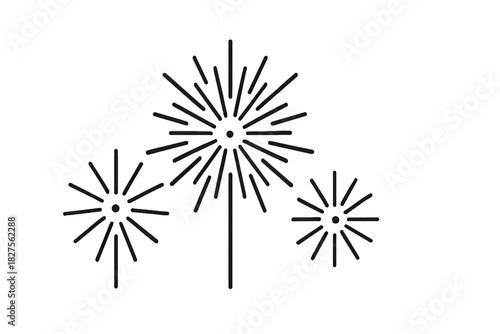 Minimalist fireworks line art illustration featuring bright bursting spark shapes perfect for festive celebration graphics isolated on white background