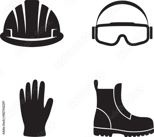 PPE Safety Icons – Hard Hat, Goggles, Gloves, and Boots Silhouette Set