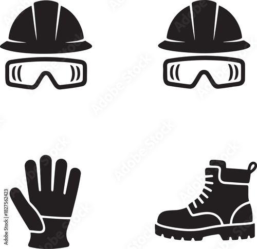 PPE Safety Icons – Hard Hat, Goggles, Gloves, and Boots Silhouette Set