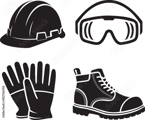 PPE Safety Icons – Hard Hat, Goggles, Gloves, and Boots Silhouette Set