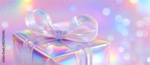 Holographic gift box with translucent ribbon glowing in pastel light, symbolizing celebration, surprise, luxury and festive modern design.