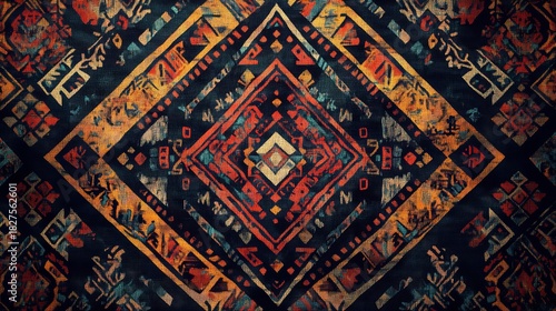 Abstract geometric pattern background with rich texture resembling a traditional tribal or bohemian rug design in warm colors