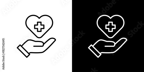 Modern Outline Icons Depicting Compassionate Hand Gently Supporting Heart with Health Cross Symbol, Ideal for Medical Support, Wellness, and Charitable Initiatives