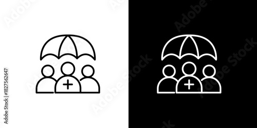 Insurance for healthcare with umbrella coverage and people symbols in monochrome outline icon 