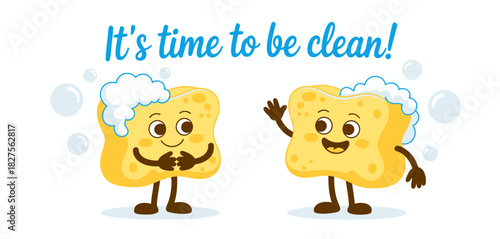 Two animated sponges with happy expressions remind us about the importance of cleanliness and personal hygiene, showcasing fun characters ideal for children’s products.