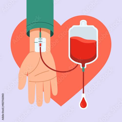 This image illustrates the concept of blood donation, featuring a blood bag connected to a hand, symbolizing the compassion and life-saving essence of giving and sharing in communities.