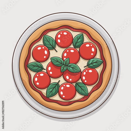 A mouthwatering Margherita pizza features fresh tomatoes and basil, crafted over traditional recipes, evoking flavors of Italian cuisine and inviting appetite and joy.