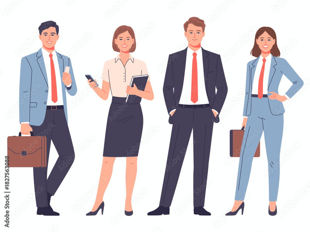 Obraz premium A professional business team dressed in smart attire, embodying confidence and collaboration in a corporate environment, promoting professionalism and teamwork.