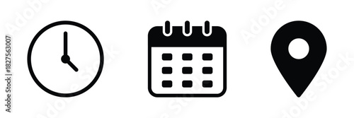 Calendar, Location pin, Clock icons