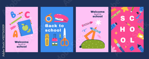 Set of bright posters Back to school with school supplies. Hand drawn vector illustration for ads, educational flyers and print.