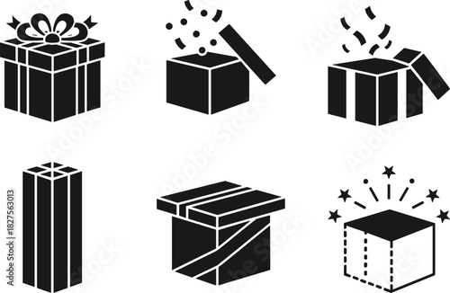 Collection of black silhouette gift box icons for holidays and special occasions Vector