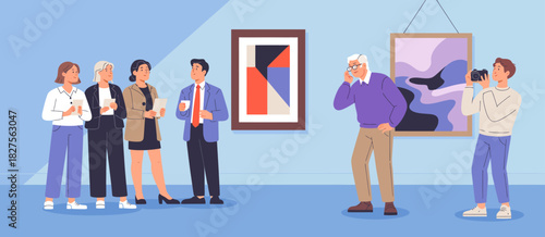 A vibrant art gallery scene captures attendees enjoying beverages while appreciating artwork, showcasing culture, creativity, and social engagement among art lovers.