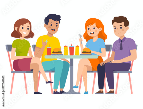 A vibrant illustration of four friends happily gathered around a table filled with delicious burgers and drinks, showcasing the joy of companionship and shared meals.