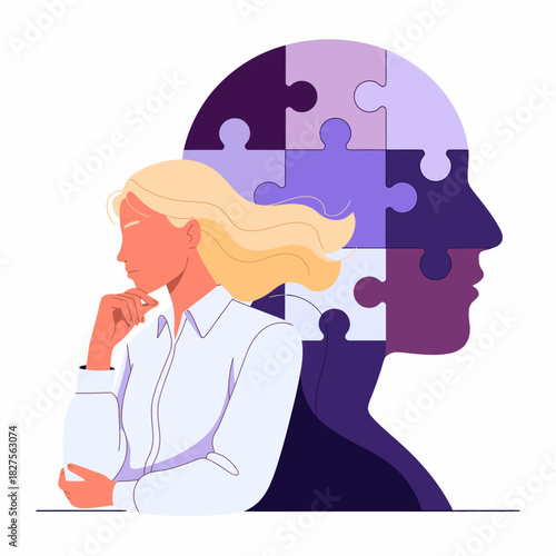 The image represents a contemplative woman with hints of puzzle pieces behind her, symbolizing introspection, thought processes, and the journey of self-discovery and understanding.