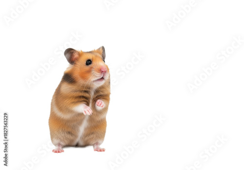 A fluffy, well-groomed golden Syrian hamster stands on hind legs with one paw raised, expressing deep curiosity against a transparent studio background with copy space, concept of innocent