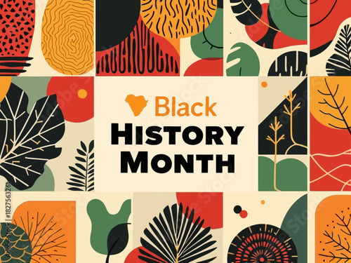 Black History Month illustration with abstract botanical and geometric shapes.