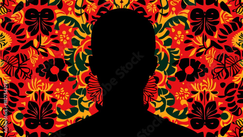 Silhouette of a person against a vibrant floral background.
