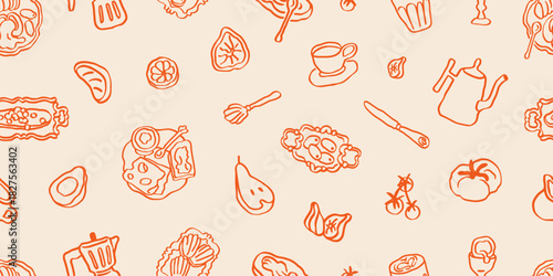 Food and drink, doodle-style pattern. Seamless endless background with snack sketches, coffee cup, utensils, scribbles. Dolce Vita repeating print design for textile. Hand-drawn vector illustration