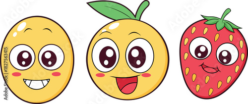 Three cute fruit cartoon characters with big eyes two yellow citrus fruits and one red strawberry, isolated on white background