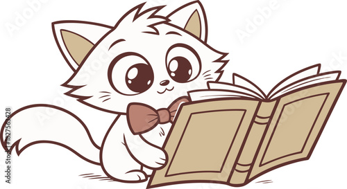 Cute cartoon white kitten wearing a bow tie sitting and attentively reading an open book, isolated on white background