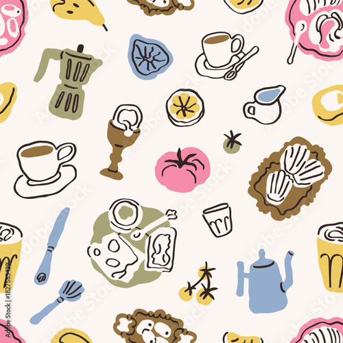 Food and coffee, seamless doodle pattern. Endless hand-drawn design with moka pot, cup, breakfast snacks and utensils in Dolce Vita style. Repeatable texture, print, background. Vector illustration