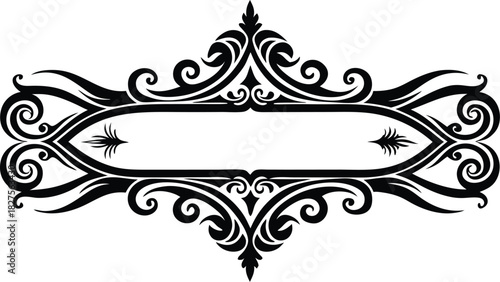Ornate black and white decorative vintage frame or label design element with intricate baroque scrollwork and flourishes, isolated on white background