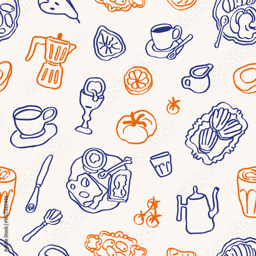 Seamless doodle pattern with breakfast food and coffee sketches. Endless outline design with moka pot, cup, snacks in modern Italian Dolce Vita cafe style. Repeating print. Drawn vector illustration