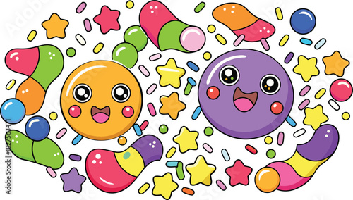 Cute kawaii candy characters with colorful sprinkles and star shapes, isolated on white background